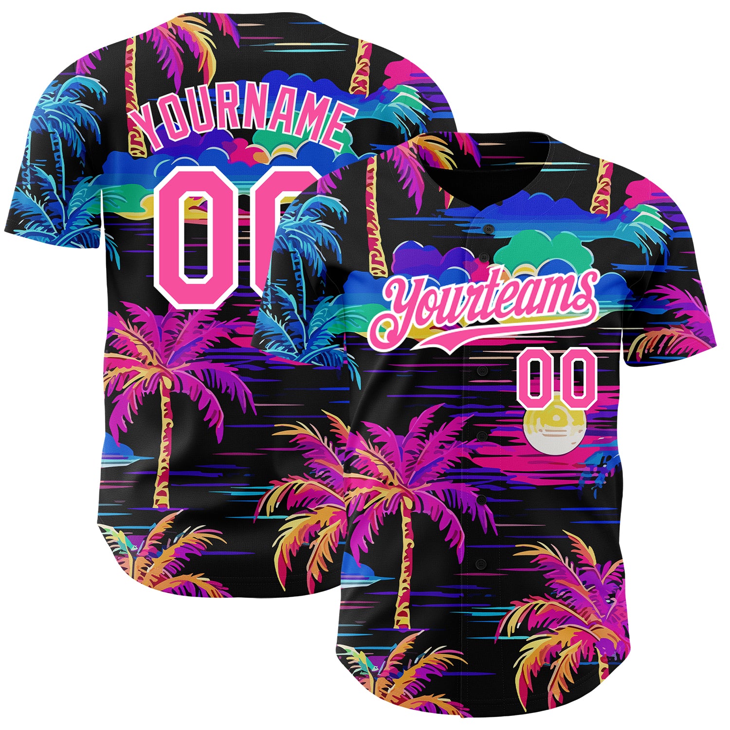 Custom Name and Number Authentic Baseball Jersey with 3D Pink-White Palm Tree Design - Personalized Beach Hawaii Style Personalized