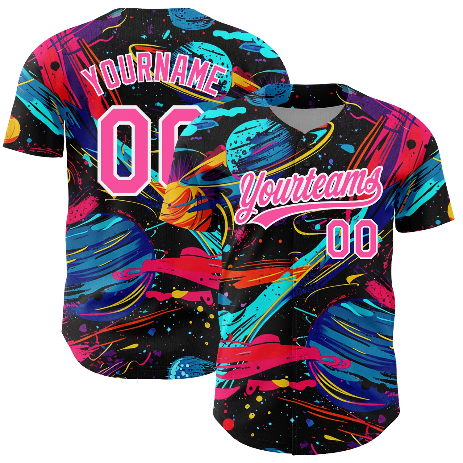 Custom Name and Number Baseball Jersey with 3D Planet and Rocket Design in Black Pink-White - Personalized Team Apparel Personalized