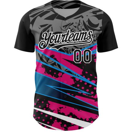 Custom Name & Number Personalized Baseball Jersey - Black Pink-White 3D Splatter Art Design Personalized Black Pink-White