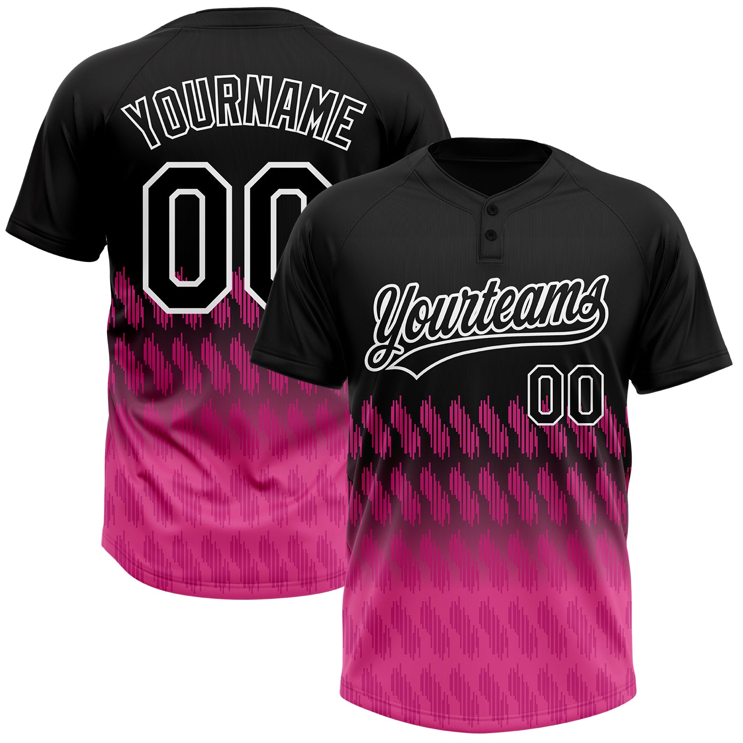 Custom Softball Jersey Unisex Black Pink-White 3D Pattern Lines with Personalized Name and Number - Two-Button Design Personalized
