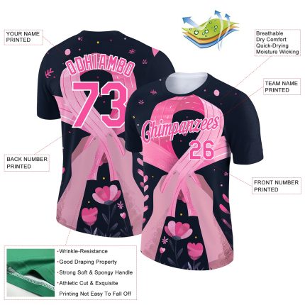 Personalized Breast Cancer Awareness 3D Pink Ribbon T-Shirt - Black Pink-White Performance Tee Personalized Black Pink-White