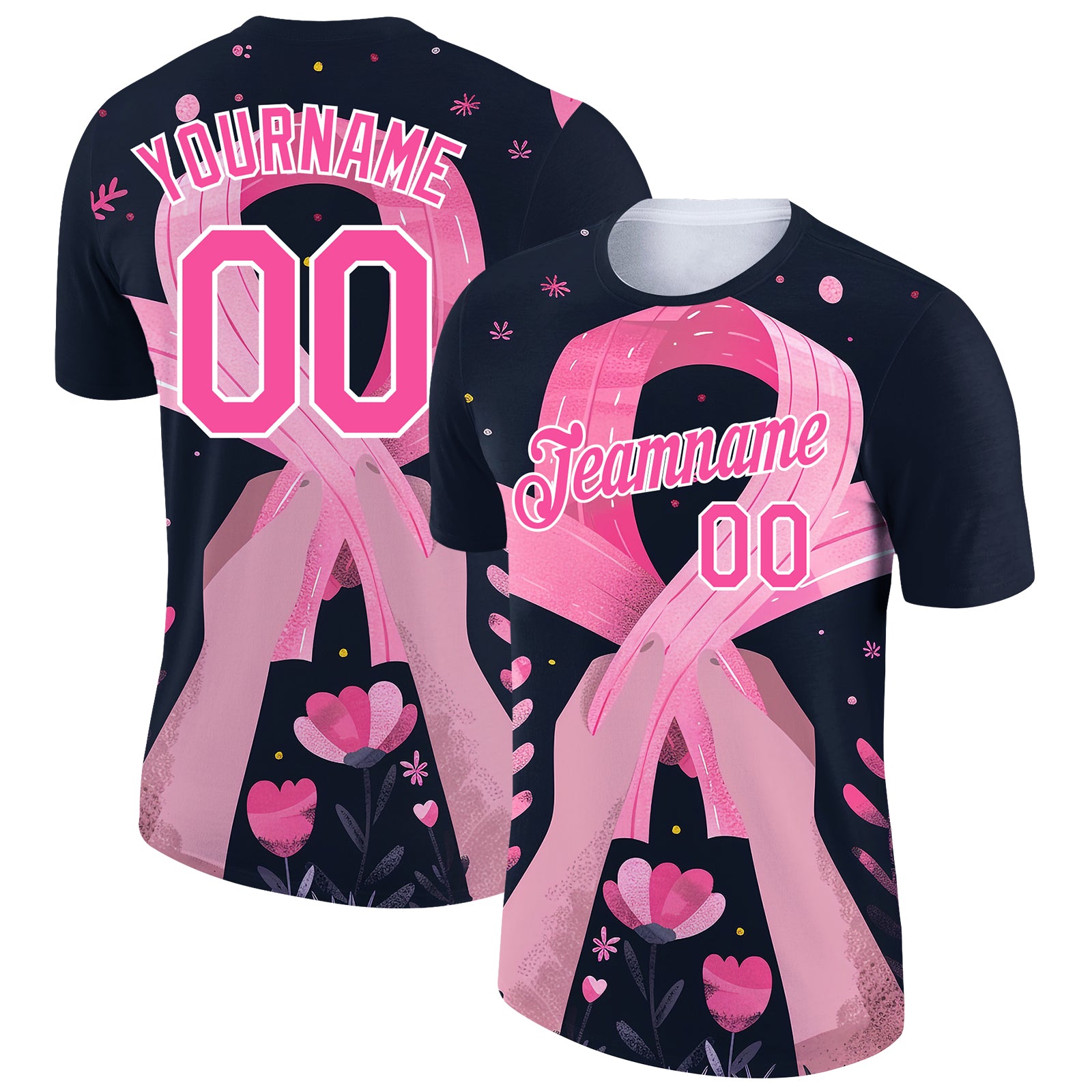 Personalized Breast Cancer Awareness 3D Pink Ribbon T-Shirt - Black Pink-White Performance Tee Personalized Black Pink-White
