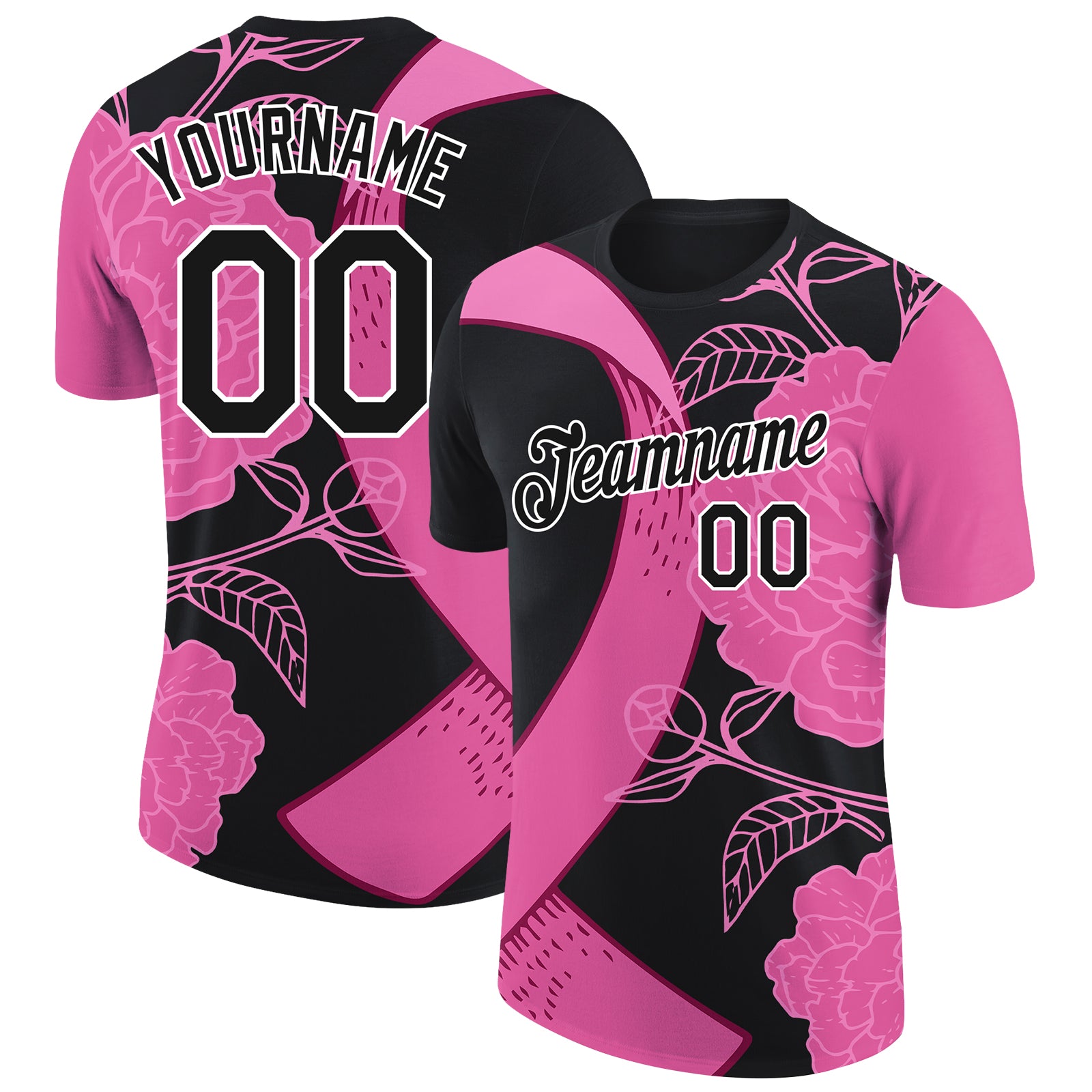Personalized Breast Cancer Awareness T-Shirt 3D Pink Ribbon Black Pink-White Personalized Black Pink-White 3D Pink Ribbon