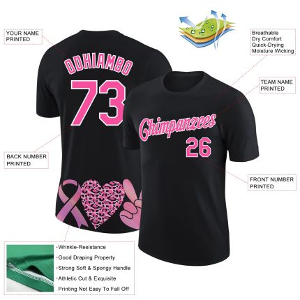 Personalized Breast Cancer Awareness 3D Pink Ribbon Performance T-Shirt - Black Pink-White Personalized Black Pink-White