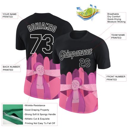 Personalized 3D Pink Ribbon Breast Cancer Performance T-Shirt - Black Pink-White Design Personalized Black Pink-White 3D