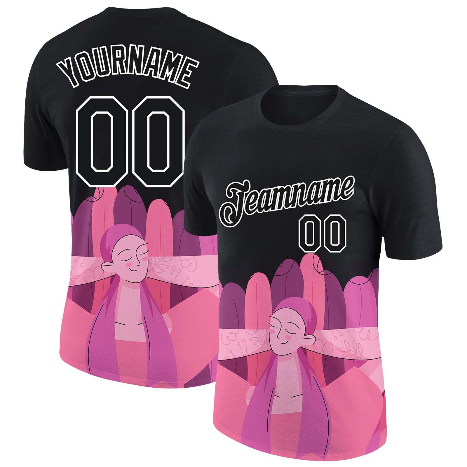 Personalized 3D Pink Ribbon Breast Cancer Performance T-Shirt - Black Pink-White Design Personalized Black Pink-White 3D