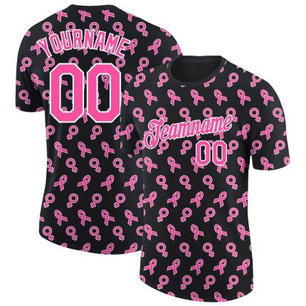 Customizable Breast Cancer 3D Pink Ribbon T-Shirt with Name & Number - Black Pink-White Performance Tee Personalized Black