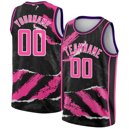 Personalized Black Pink White 3D Basketball Jersey in Torn Paper Style Personalized Black Pink-White 3D Torn Paper Style