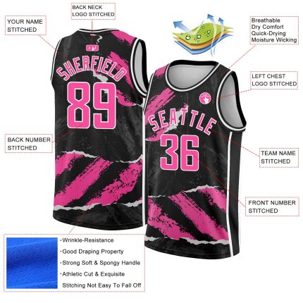Personalized Black Pink White 3D Basketball Jersey in Torn Paper Style Personalized Black Pink-White 3D Torn Paper Style