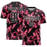 Custom Sublimation Soccer Jersey - Personalized Black Pink White Abstract Geometric Pattern with Team Name & Number Personalized