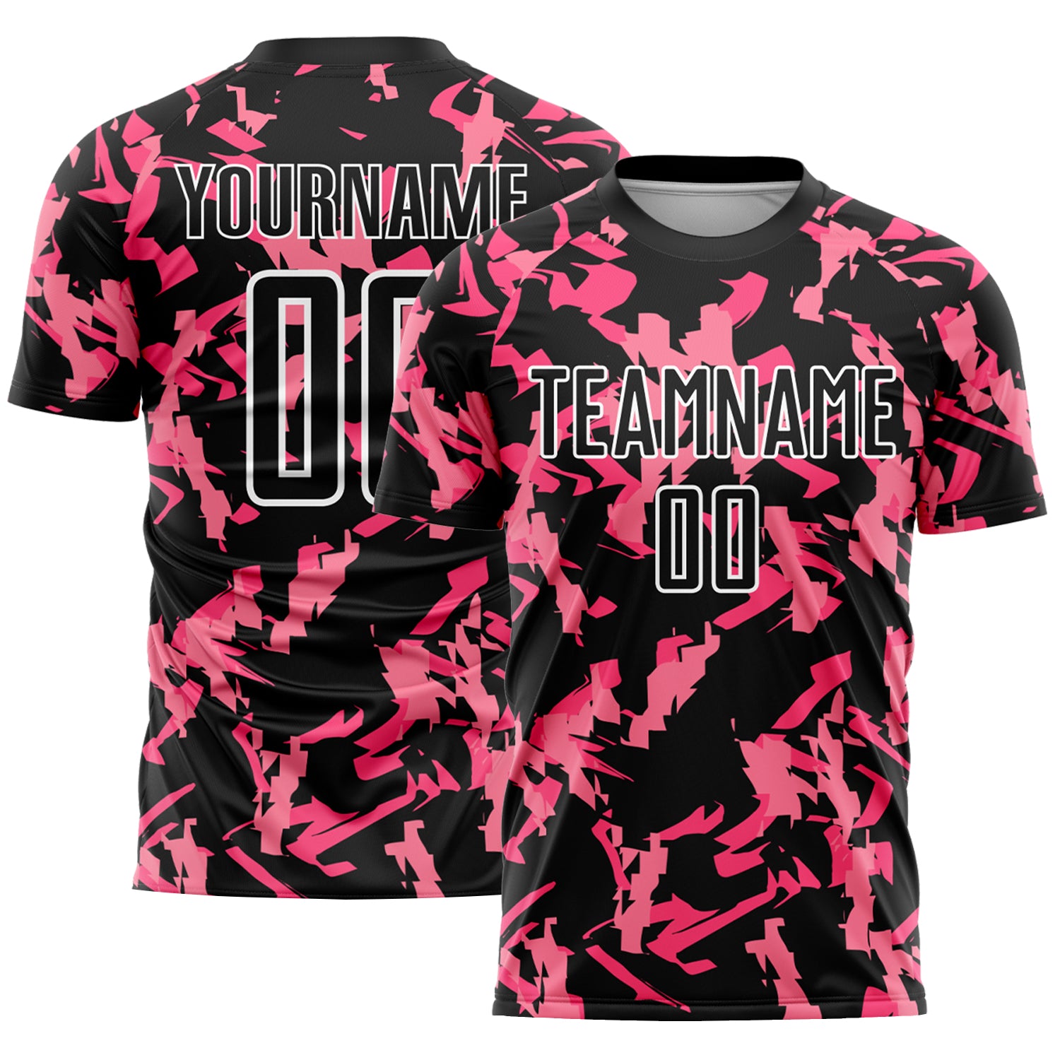 Custom Sublimation Soccer Jersey - Personalized Black Pink White Abstract Geometric Pattern with Team Name & Number Personalized