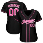 Personalized Black Baseball Jersey with Pink-White Accents for Men and Women Personalized Black Pink-White Baseball Jersey