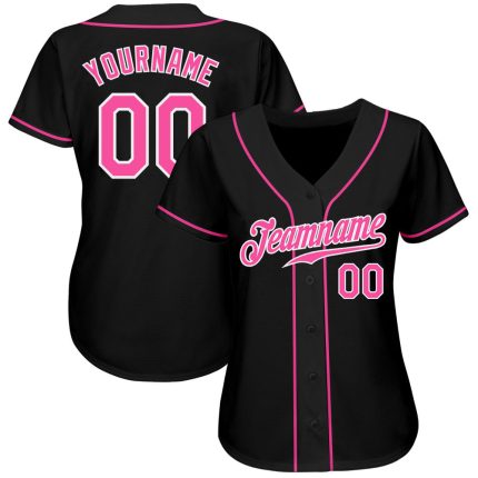 Personalized Black Baseball Jersey with Pink-White Accents for Men and Women Personalized Black Pink-White Baseball Jersey