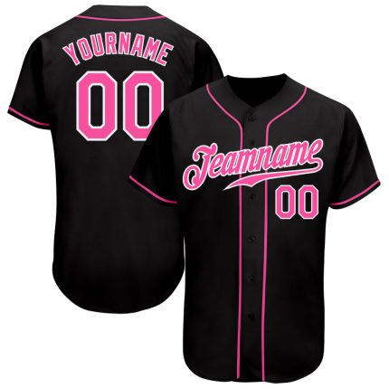 Personalized Black Baseball Jersey with Pink-White Accents for Men and Women Personalized Black Pink-White Baseball Jersey