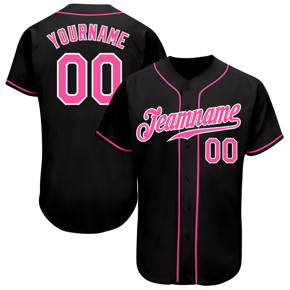 Personalized Black Baseball Jersey with Pink-White Accents for Men and Women Personalized Black Pink-White Baseball Jersey