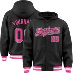 Custom Name and Number Black Pink-White Varsity Bomber Hoodie Jacket Full-Snap Letterman Personalized Black Pink-White Bomber