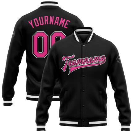 Custom Black Pink-White Bomber Varsity Jacket for Men and Women - Full-Snap Letterman Style Outerwear Personalized Black