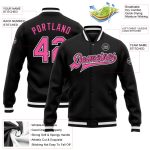 Custom Black Pink-White Bomber Varsity Jacket for Men and Women - Full-Snap Letterman Style Outerwear Personalized Black