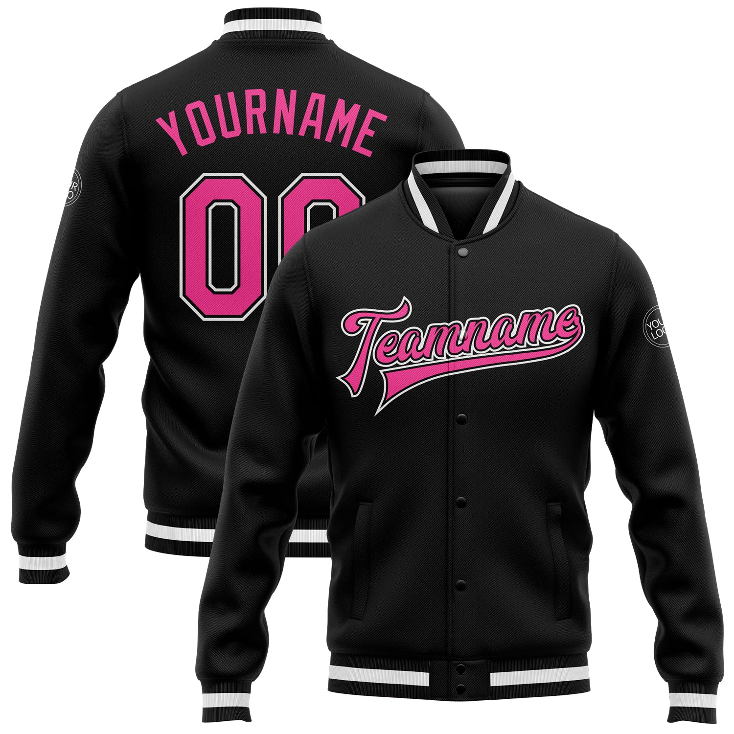 Custom Name and Number Varsity Letterman Jacket - Personalized Black Pink-White Bomber Full-Snap Design Personalized Black
