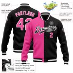Personalized Bomber Jacket in Black Pink-White, Full-Snap Varsity Letterman Split Fashion Style Personalized Black Pink-White