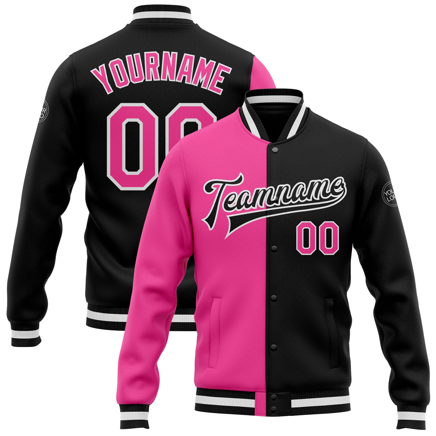 Personalized Bomber Jacket in Black Pink-White, Full-Snap Varsity Letterman Split Fashion Style Personalized Black Pink-White