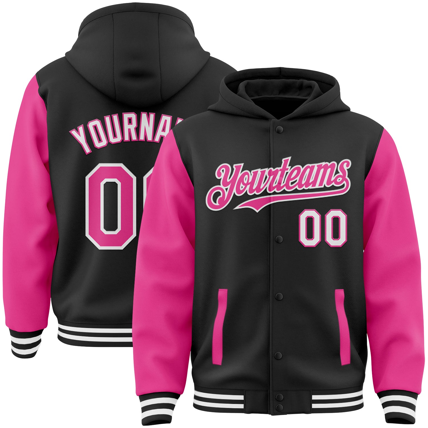 Custom Name Number Varsity Letterman Hoodie Jacket Black Pink-White Bomber Full-Snap Two Tone Personalized Black Pink-White