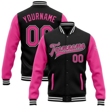 Personalized Black White Bomber Varsity Letterman Two Tone Jacket Full-Snap Personalized Black Pink-White Bomber Full-Snap