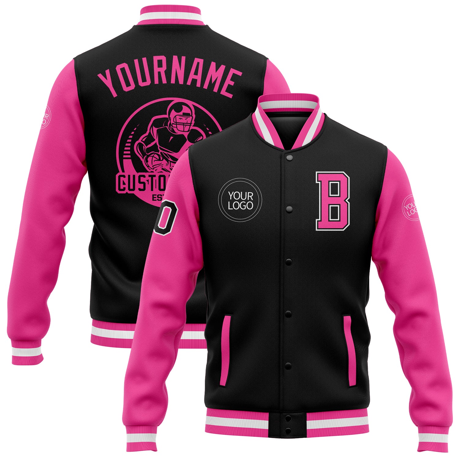Personalized Two Tone Black Pink-White Varsity Letterman Bomber Jacket for Men and Women Personalized Black Pink-White Bomber