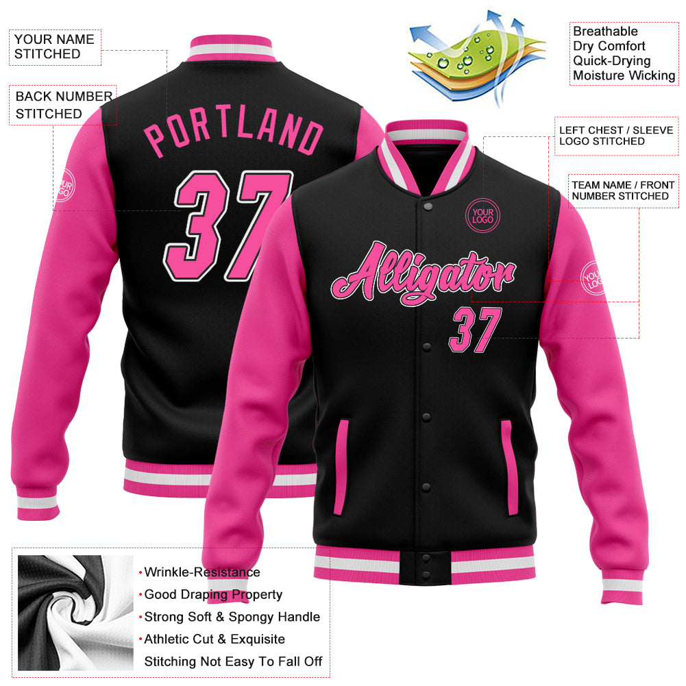 Personalized Varsity Letterman Jacket - Black Pink-White Two Tone Full-Snap Bomber Personalized Black Pink-White Bomber Full-Snap - Image 5
