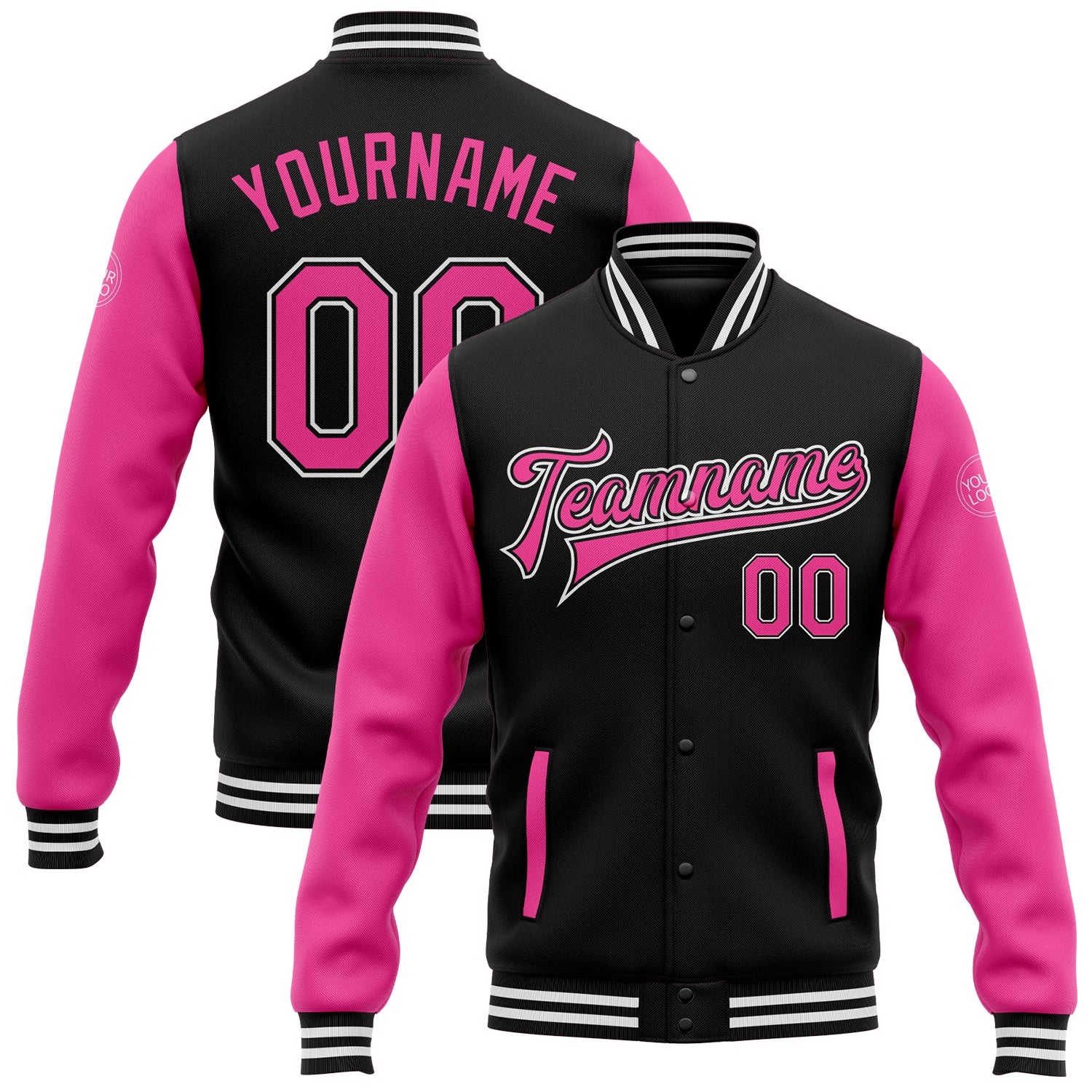 Personalized Pink White Bomber Varsity Jacket Full-Snap Two Tone Style Personalized Black Pink-White Bomber Full-Snap Varsity