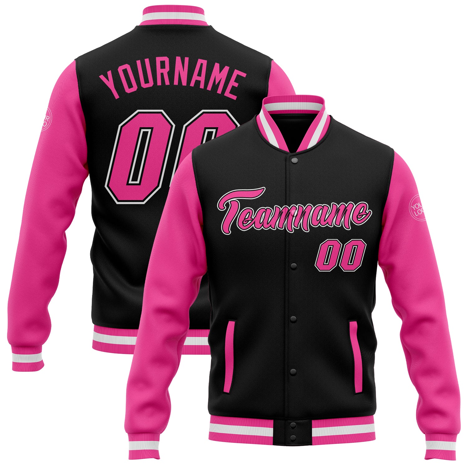 Custom Name and Number Bomber Varsity Letterman Jacket - Personalized Two-Tone Black Pink White Full-Snap Jacket Personalized
