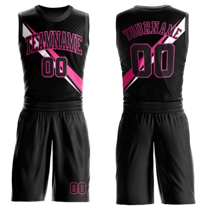 Custom Basketball Jersey with Personalized Name and Number, Black Pink-White Diagonal Lines Round Neck Sublimation Design