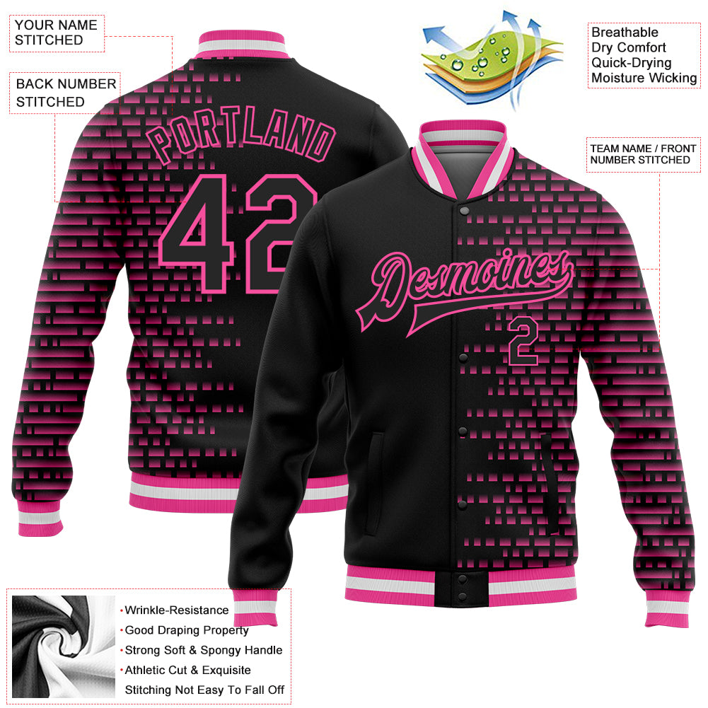 Personalized Pink White Halftone 3D Bomber Varsity Letterman Jacket - Full-Snap Design Personalized Black Pink-White Halftone - Image 5