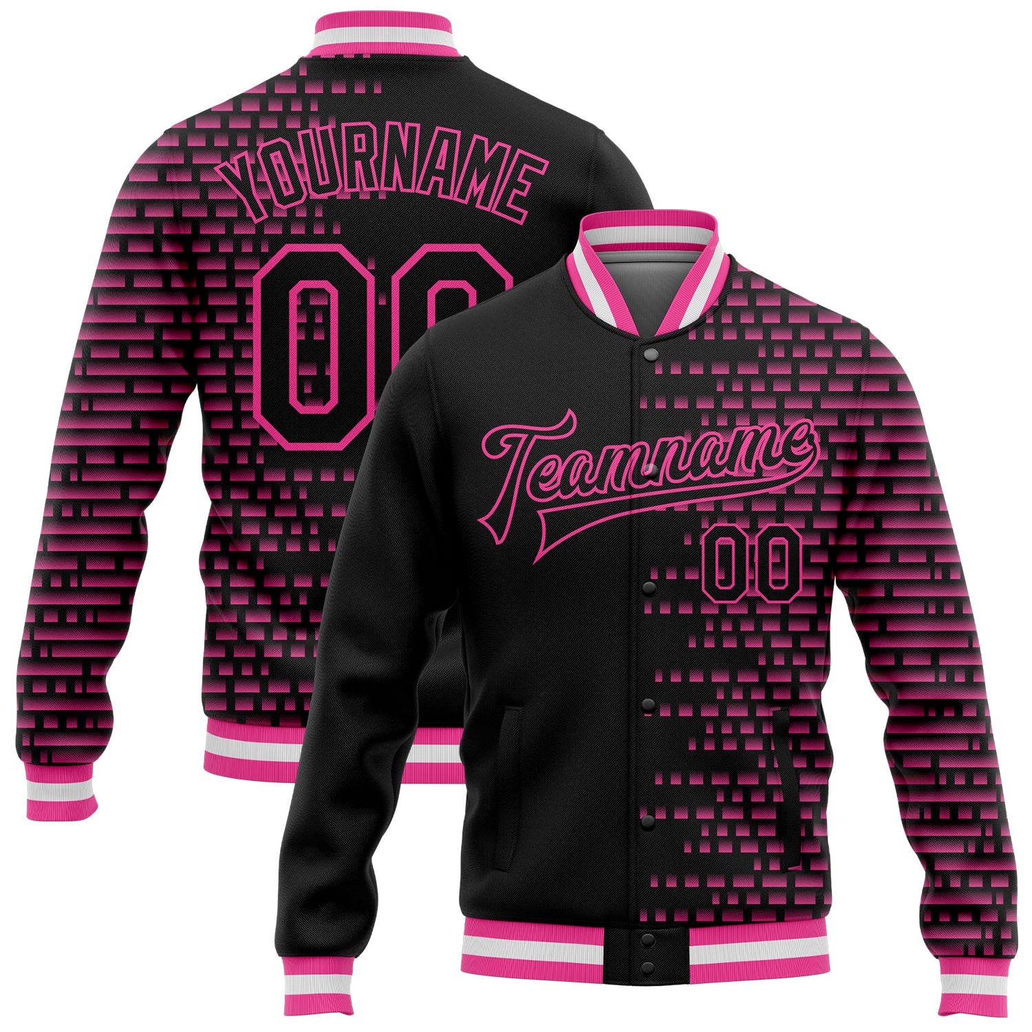 Personalized Pink White Halftone 3D Bomber Varsity Letterman Jacket - Full-Snap Design Personalized Black Pink-White Halftone