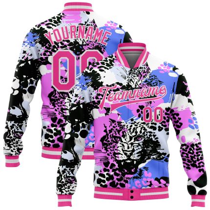 Personalized Leopard 3D Bomber Jacket - Black Pink-White Varsity Full-Snap Letterman Jacket Personalized Black Pink-White