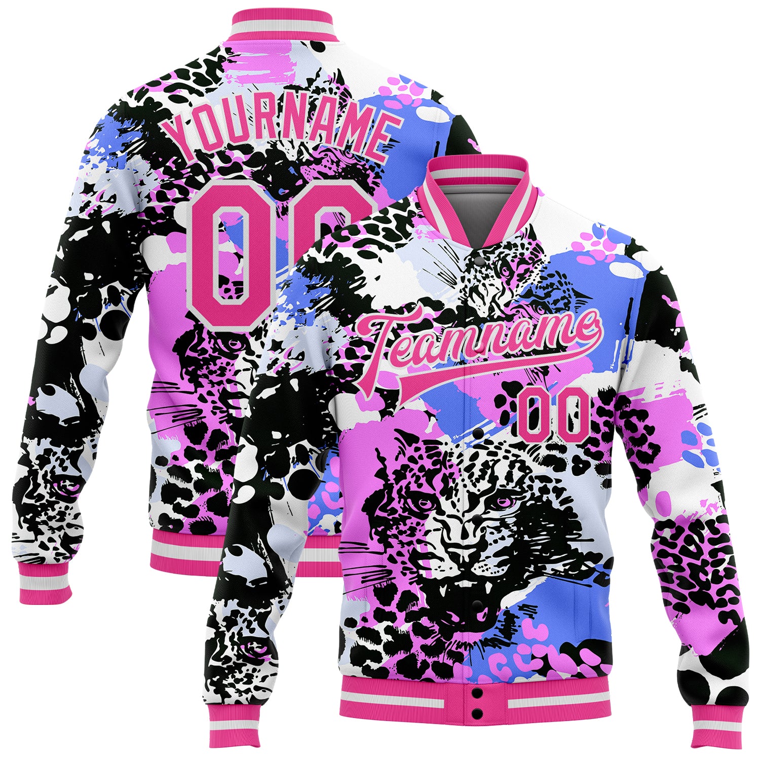 Custom Name and Number Leopard 3D Pattern Bomber Varsity Letterman Jacket - Personalized Black Pink-White Design Personalized