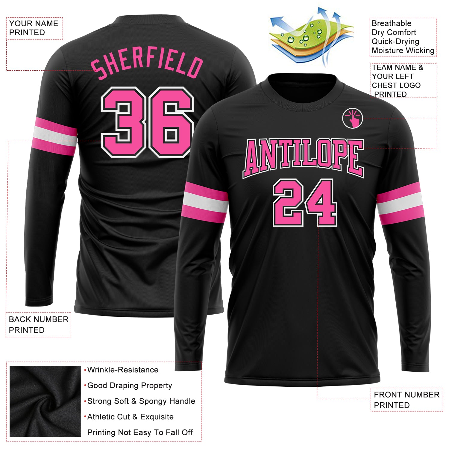 Personalized Black Long Sleeve Performance T-Shirt in Pink and White Personalized Black Pink-White Long Sleeve Performance - Image 3