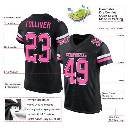 Personalized Black and White Football Jersey - Custom Mesh Style Personalized Black Pink-White Mesh Football Jersey