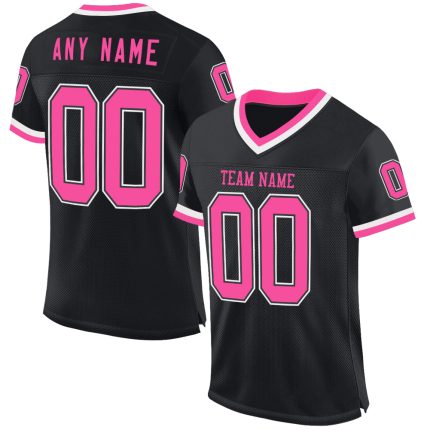 Personalized Black Pink White Throwback Football Jersey Mesh Design Personalized Black Pink-White Mesh Throwback Football