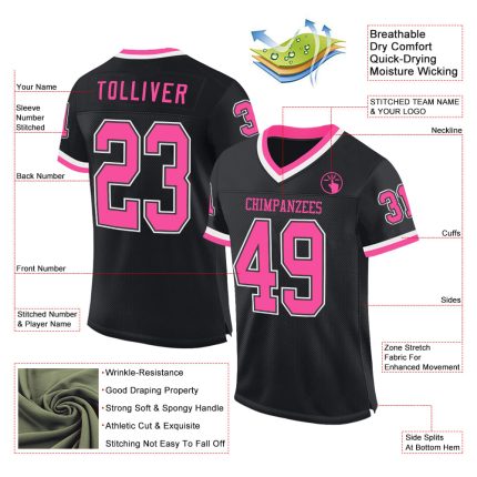 Personalized Black Pink White Throwback Football Jersey Mesh Design Personalized Black Pink-White Mesh Throwback Football