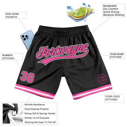 Personalized Throwback Basketball Shorts in Black and Pink-White for Men & Women Personalized Black Pink-White Throwback