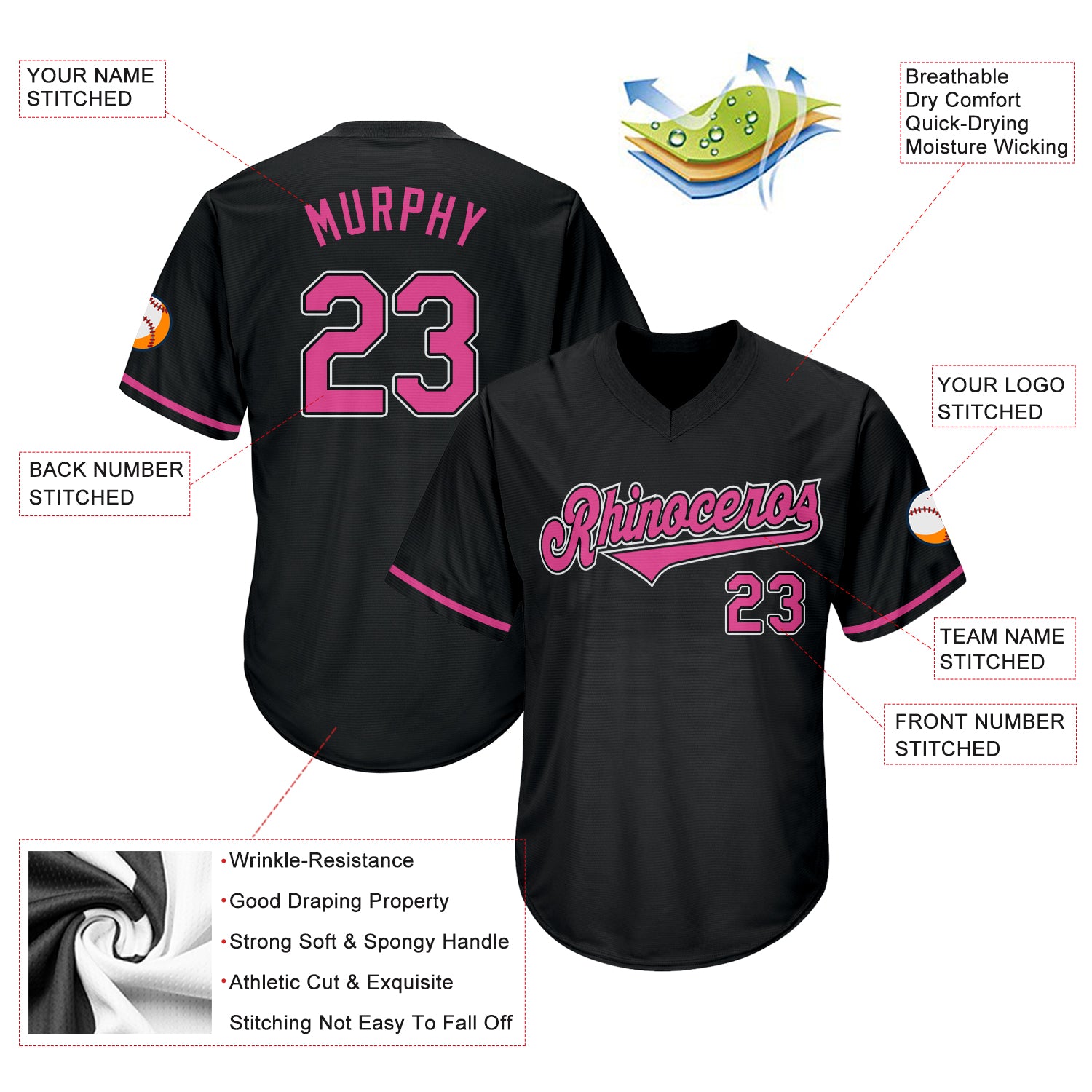 Personalized Black Pink White Baseball Jersey Shirt - Throwback Rib-Knit Design Personalized Black Pink-White Throwback Rib-Knit - Image 4