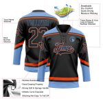 Personalized Hockey Jersey in Black Powder Blue-Orange Lace Neck Design Personalized Black Powder Blue-Orange Hockey Lace
