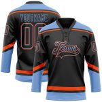 Custom Hockey Jersey with Lace Neck in Black Powder Blue-Orange, Personalized Team Name and Number Personalized Black Powder