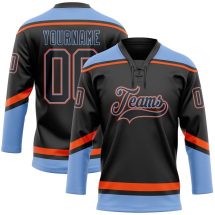 Custom Hockey Jersey with Lace Neck in Black Powder Blue-Orange, Personalized Team Name and Number Personalized Black Powder