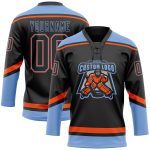 Custom Hockey Jersey with Lace Neck in Black Powder Blue-Orange, Personalized Team Name and Number Personalized Black Powder