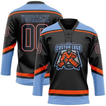 Custom Hockey Jersey with Lace Neck in Black Powder Blue-Orange, Personalized Team Name and Number Personalized Black Powder