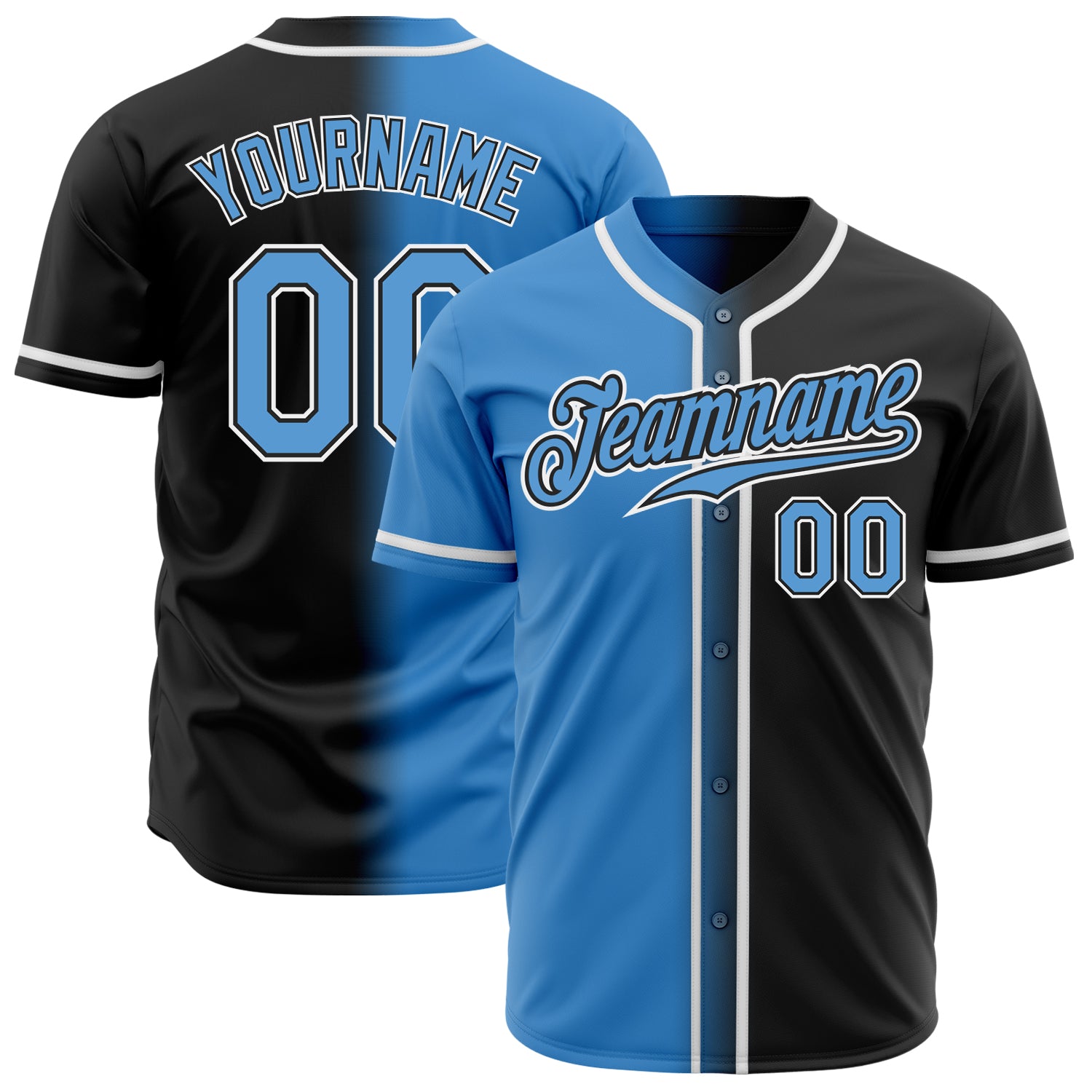 Custom Gradient Baseball Jersey - Personalized Black Powder Blue-White with Name & Number Personalized Black Powder Blue-White