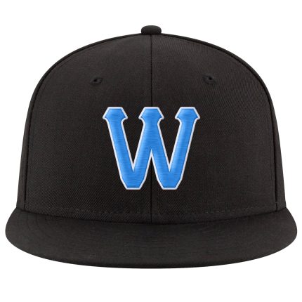 Custom Black Powder Blue-White Stitched Snapback Hat Adjustable Fit Personalized Black Powder Blue-White Stitched Adjustable