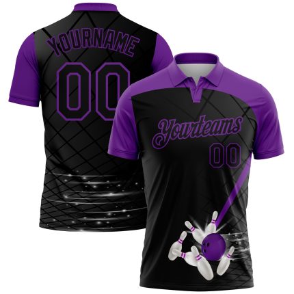Personalized 3D Black Purple Bowling Performance Polo Shirt for Men Personalized Black Purple 3D Bowling Performance Polo
